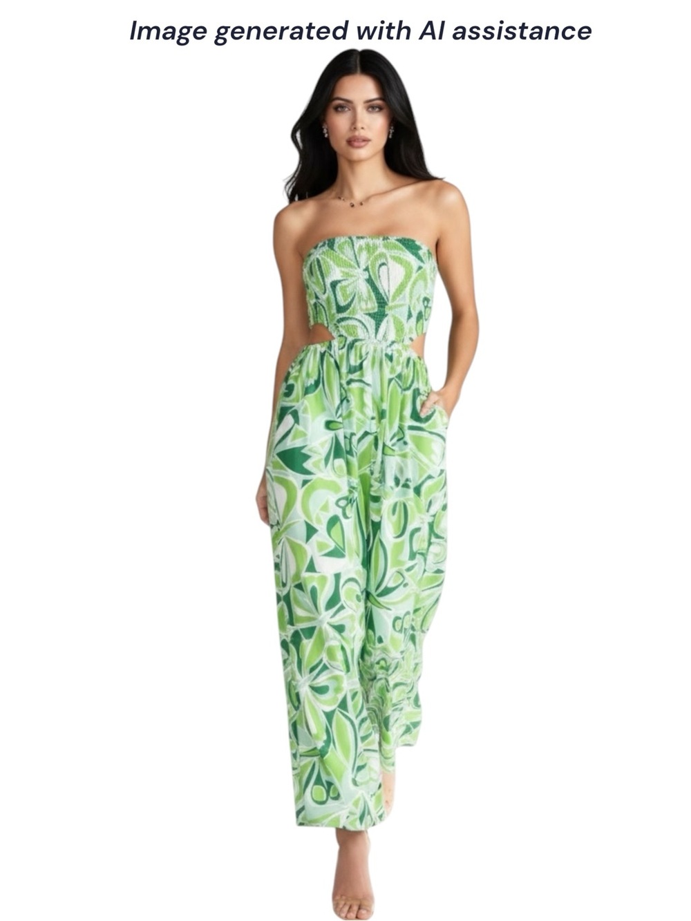 Aakaa S green strapless cutout wide leg jumpsuit with pockets - Picture 5 of 11